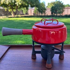 Mid Century Dansk Kobenstyle Red Fondue Pot With Cast Iron Stand